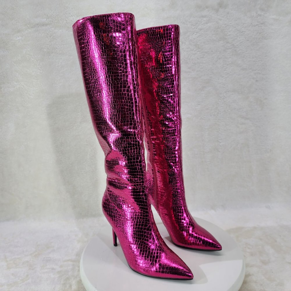 Fuchsia Metallic  Festive   Pointy Toe Boots With 4 inch Stiletto Heel